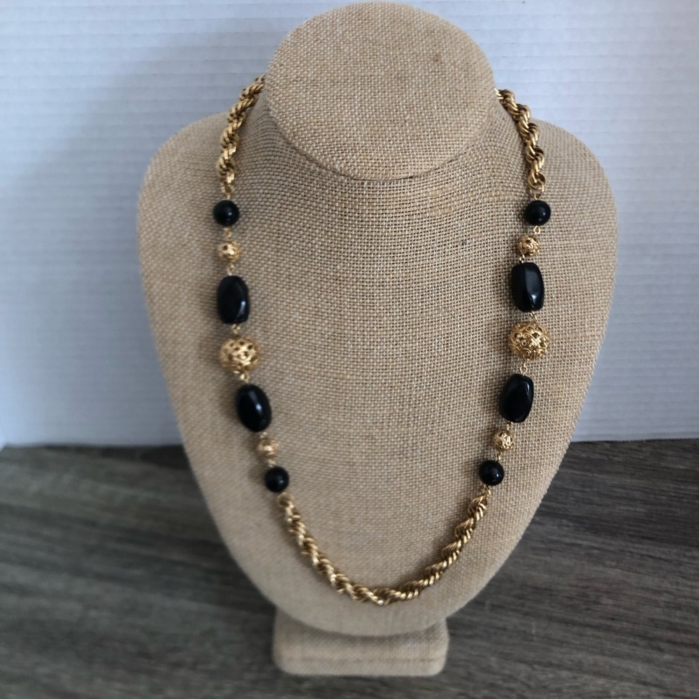 Vtg Chunky Gold and Black Beaded Necklace
